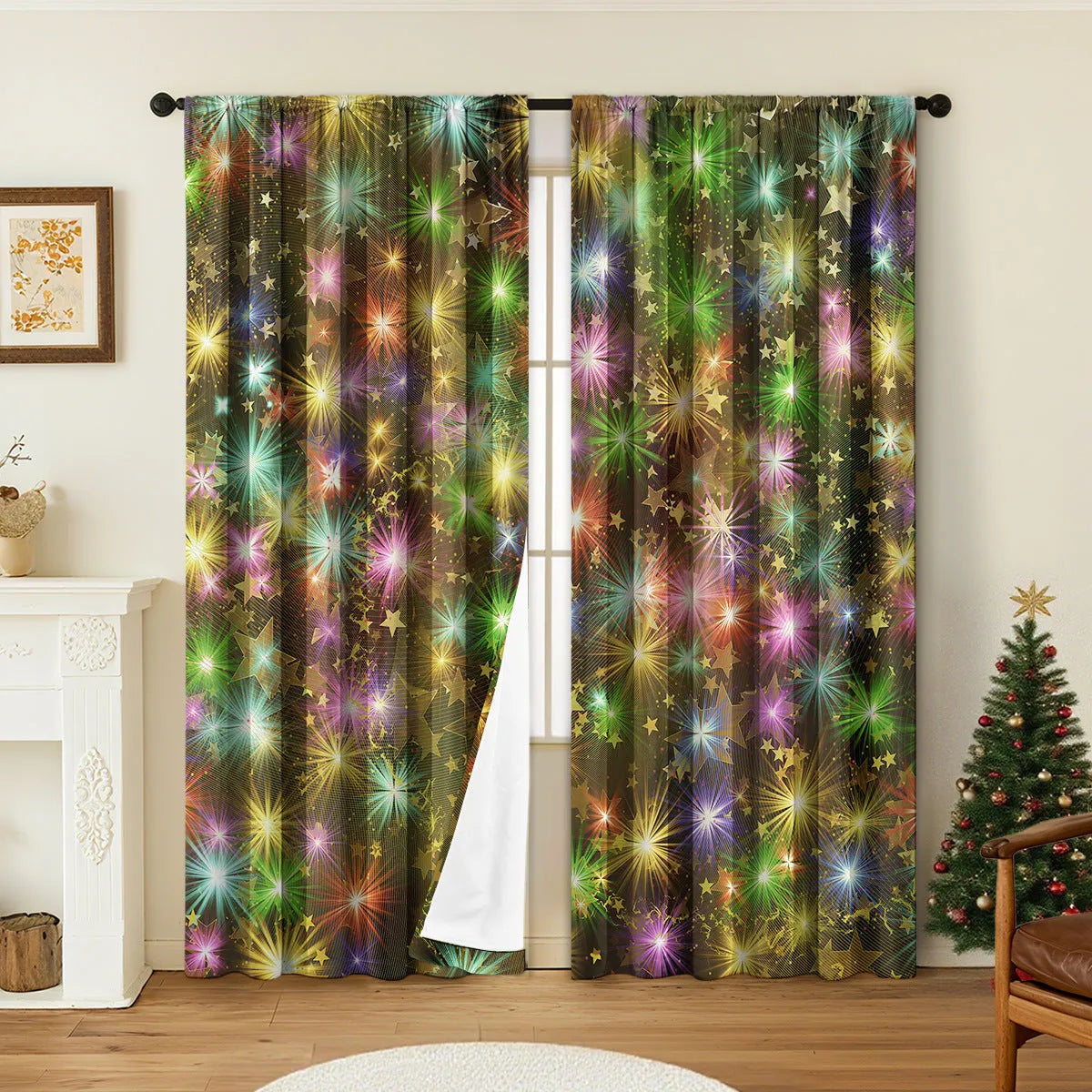 Pair of red and green 3D digitally printed Christmas themed polyester curtains hanging on a window.