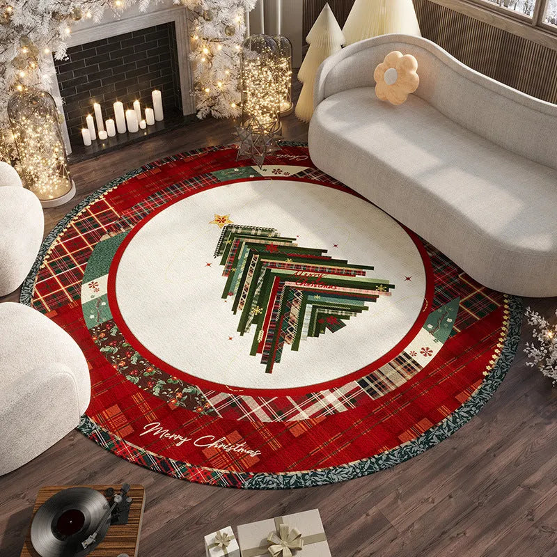 Red Christmas round carpet with festive designs on living room floor