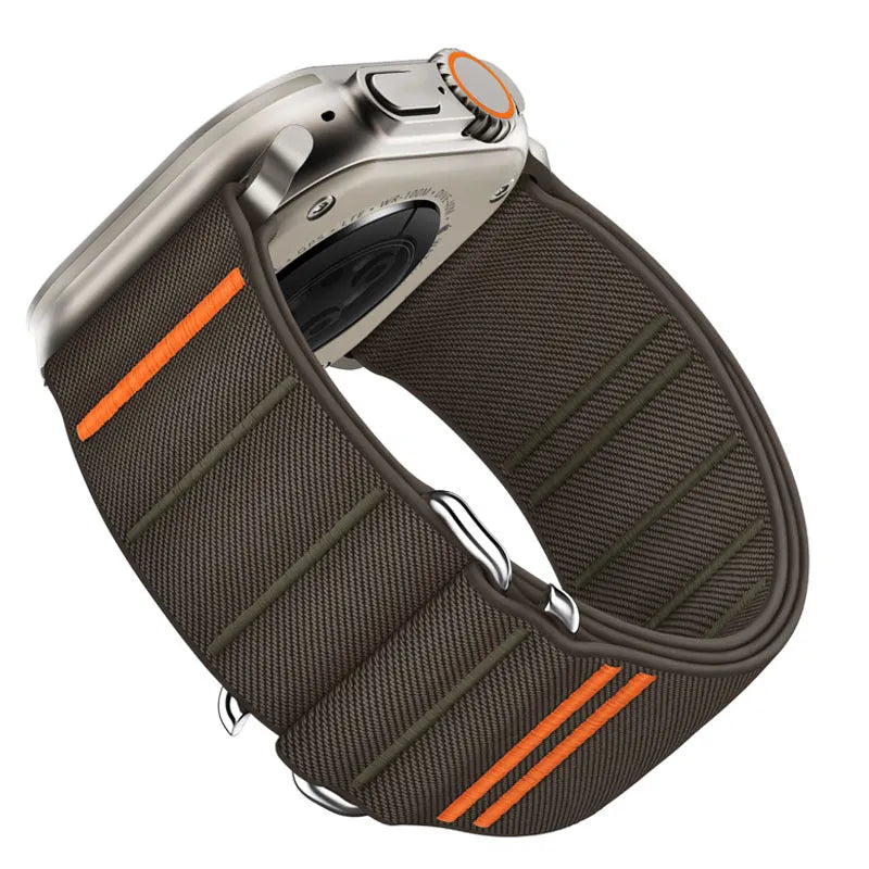 Elastic nylon Apple Watch band with stainless steel buckle shown in multiple colour options