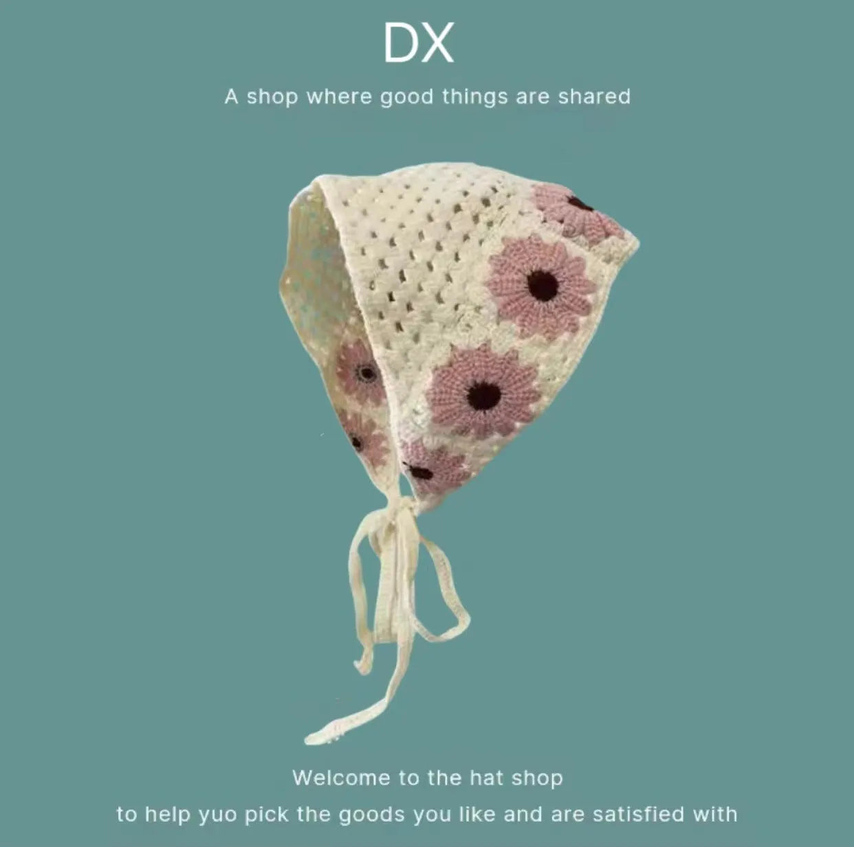 Women's cotton triangular headscarf with floral pattern, shown in beige blue little daisy design.