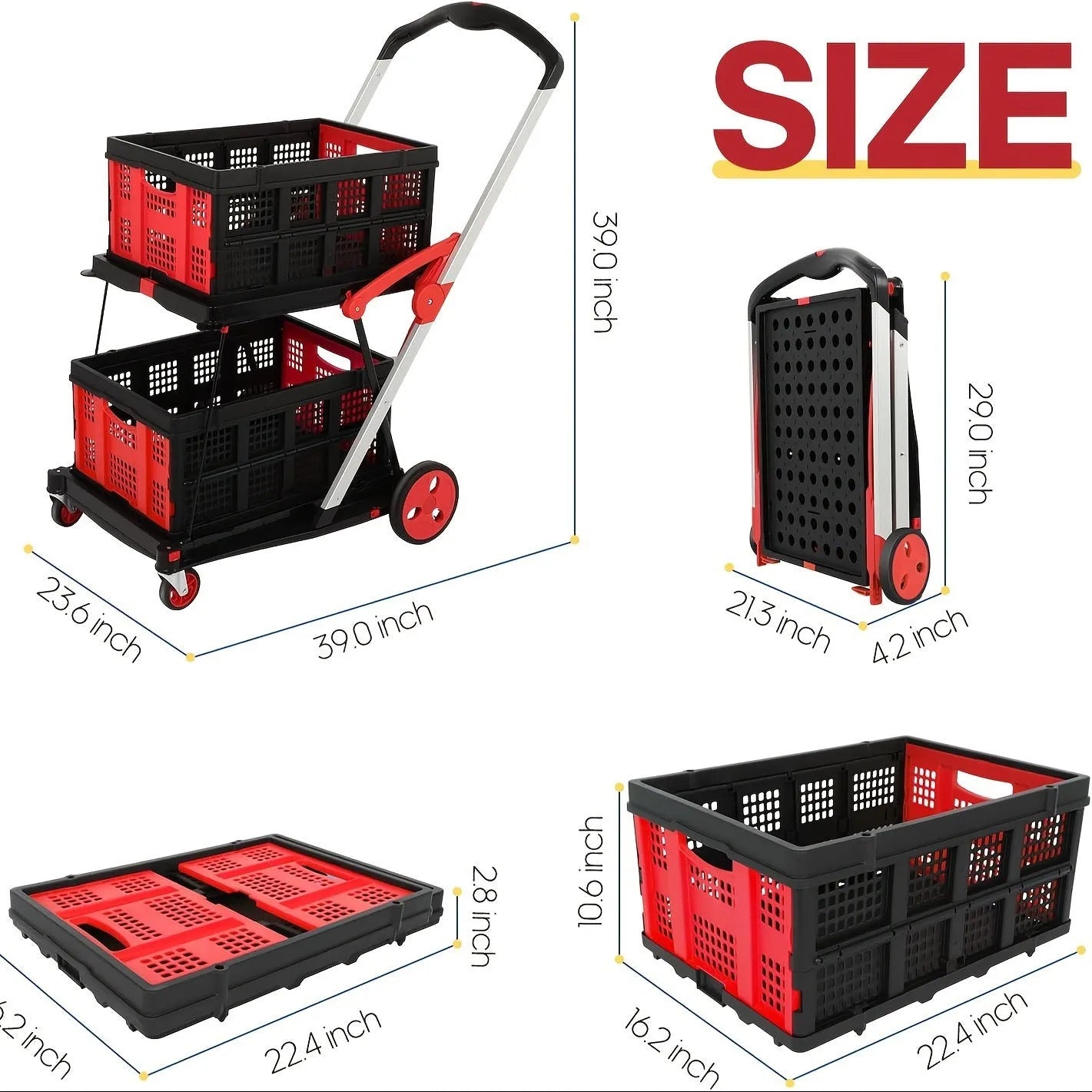Blue foldable shopping cart with two plastic baskets, shown in its unfolded state.