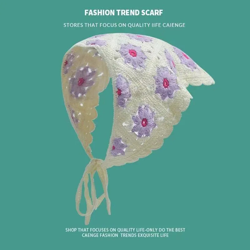 Women's cotton triangular headscarf with floral pattern, shown in beige blue little daisy design.