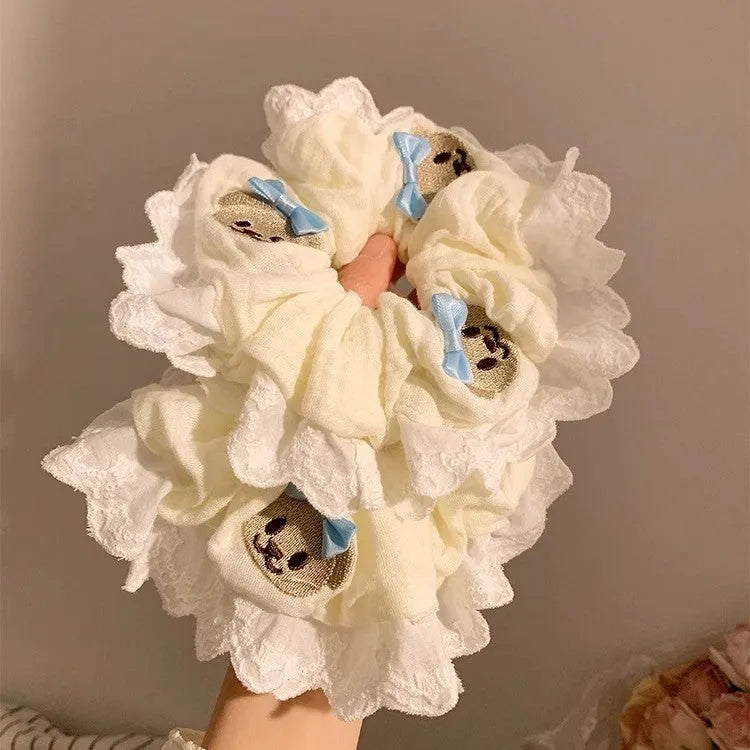 Bear blue bow lace large intestine hair ring elastic cloth scrunchie hair accessory