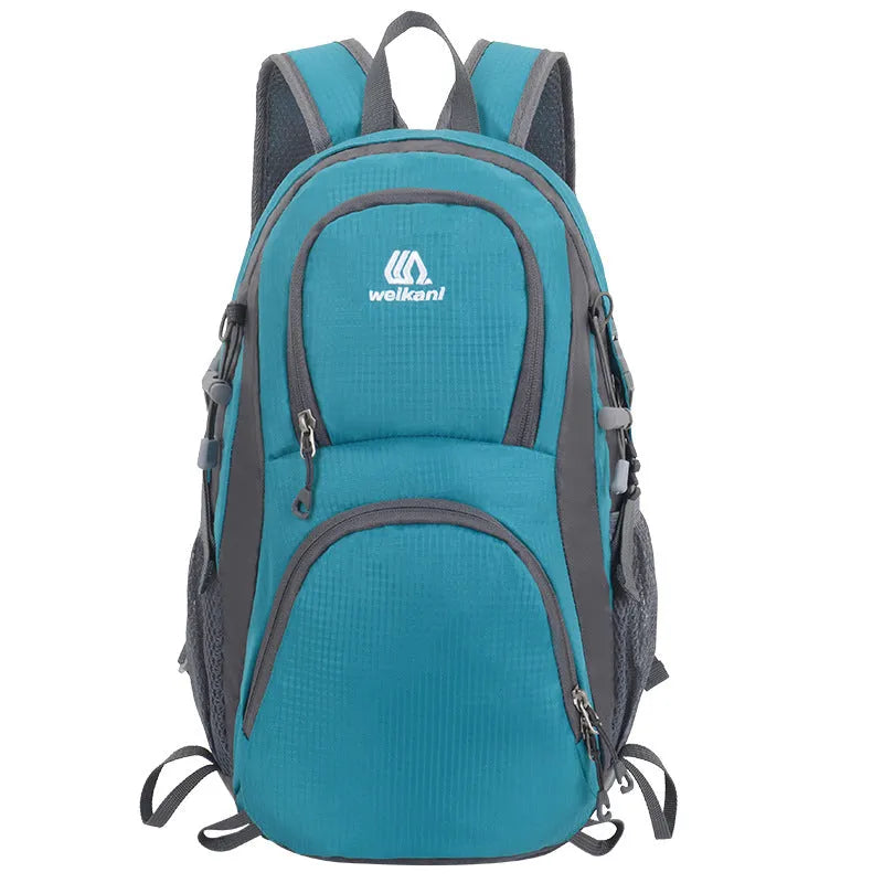 Black outdoor backpack with air pillow belt, shown with other colour options: blue, dark blue, lake blue, orange, and purple.