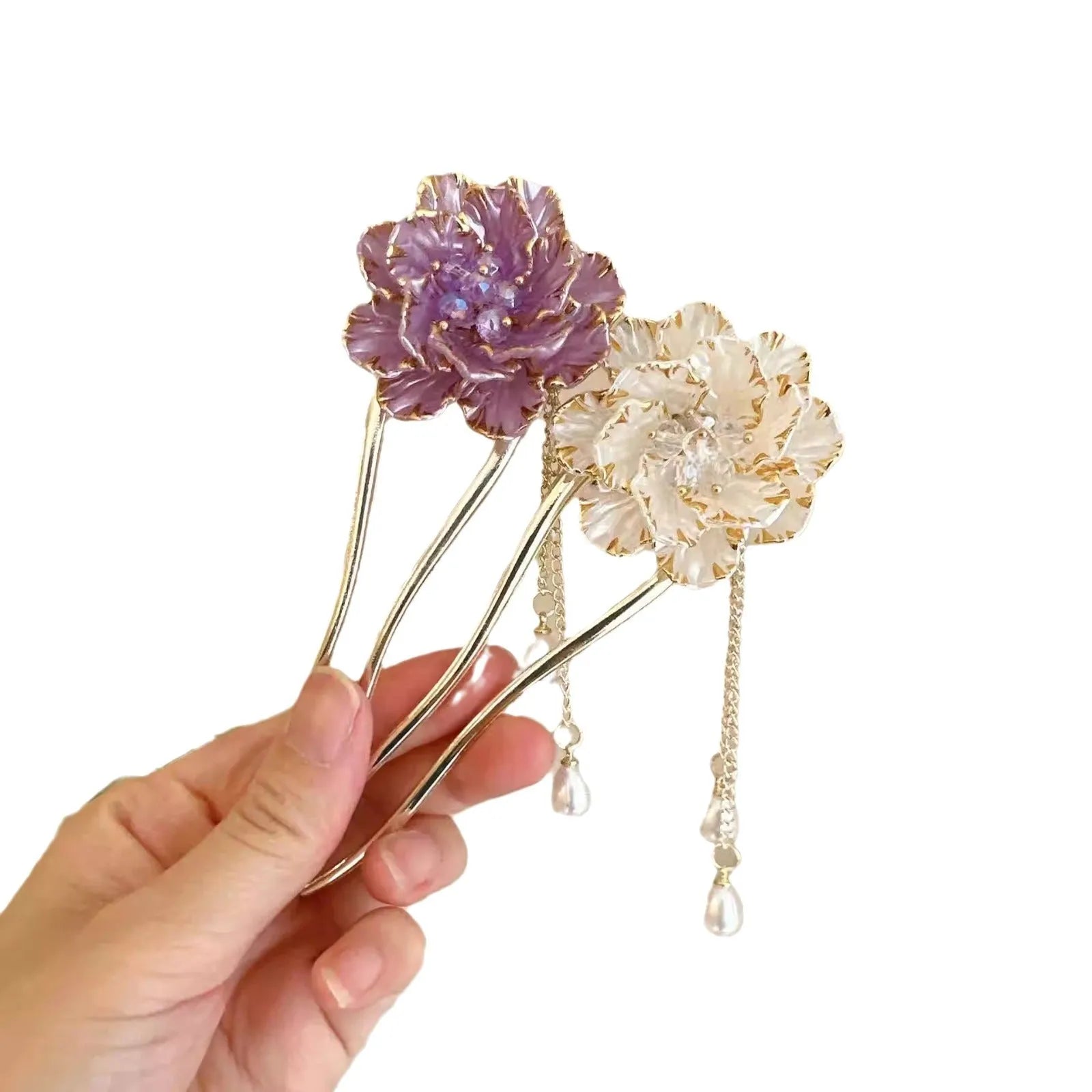 Purple peony flower and tassel decoration on U-shaped alloy hairpin