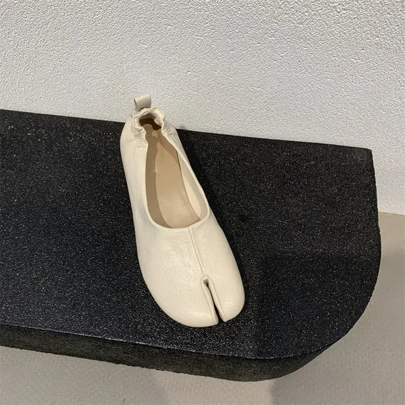 Women's split toe chunky heel pumps in black, apricot or brown with low heel and round toe