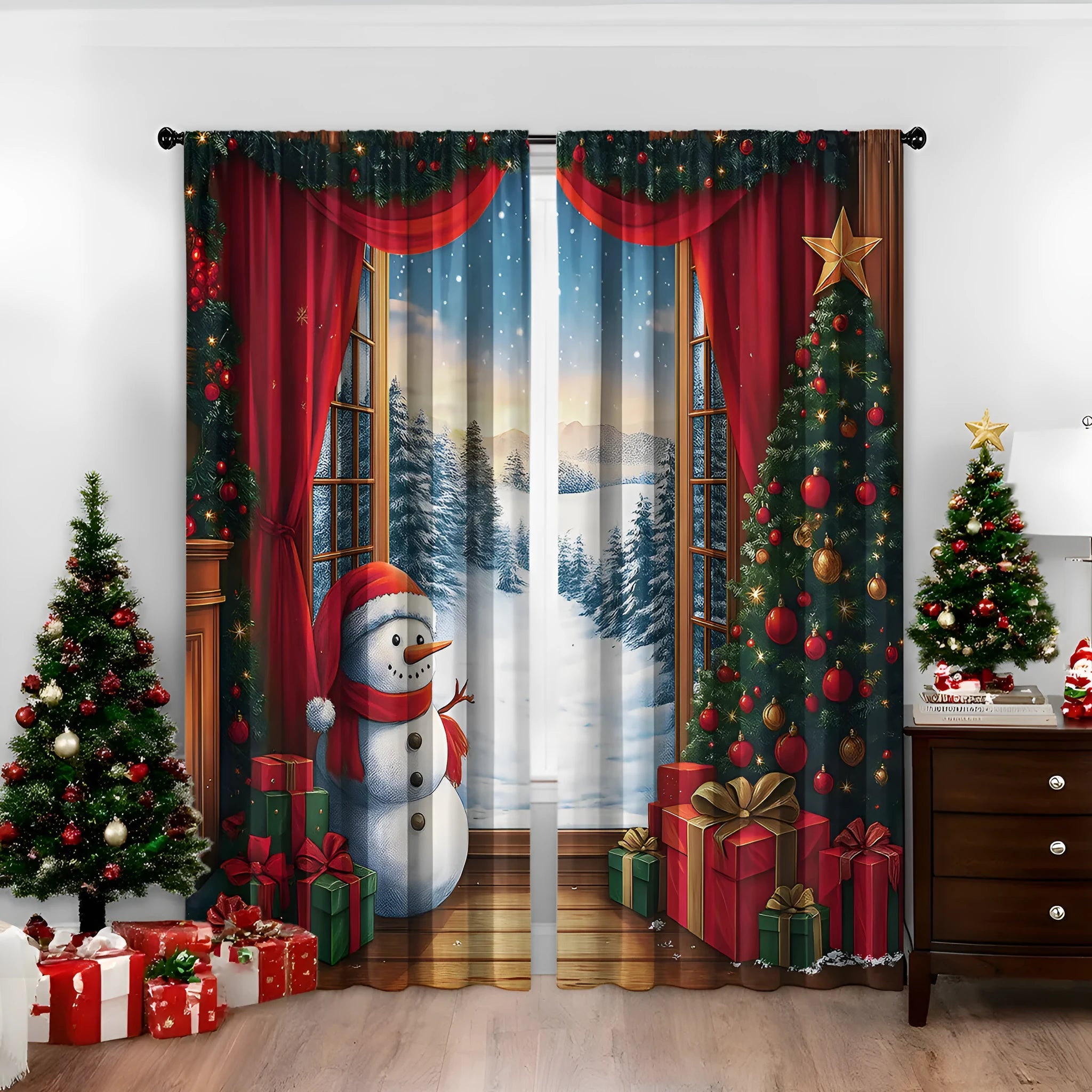 3D digitally printed Christmas curtain panel hanging on a window, showing festive pattern and polyester fabric texture.