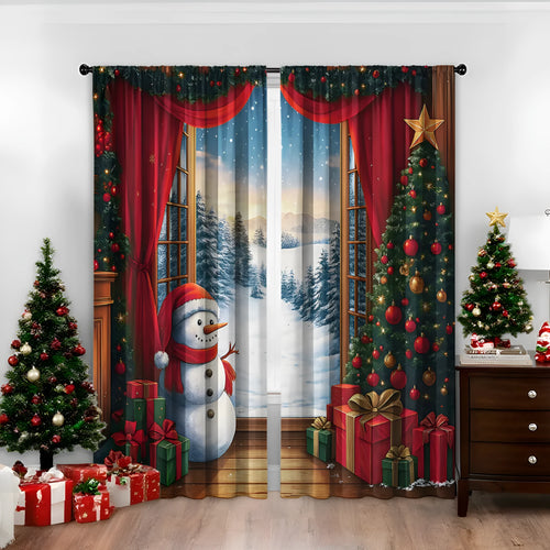 3D digitally printed Christmas curtain panel hanging on a window, showing festive pattern and polyester fabric texture.