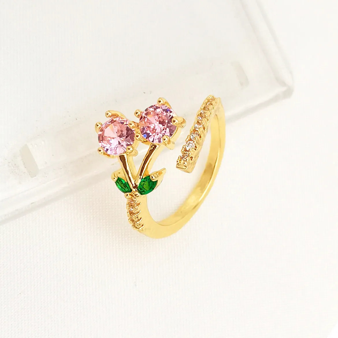 Copper gold-plated open ring with geometric leaf design and micro inlaid zircon stones in adjustable split band style