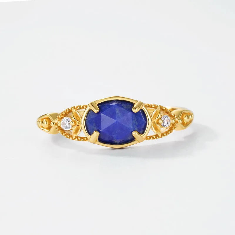 Silver geometric women's ring with oval blue lapis lazuli stone, Japanese style design