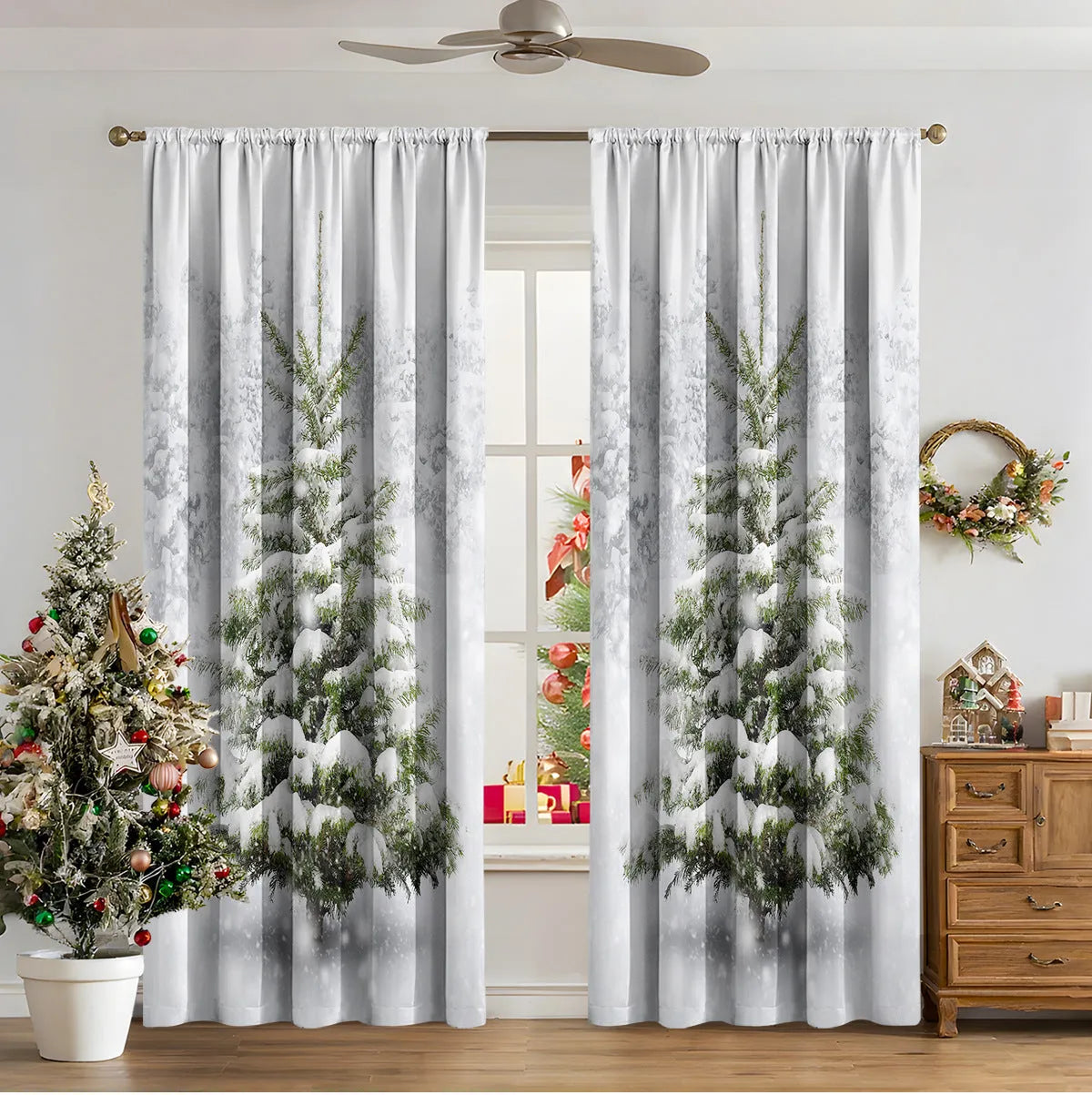 3D digitally printed Christmas curtain panel hanging on a window, showing festive pattern and polyester fabric texture.