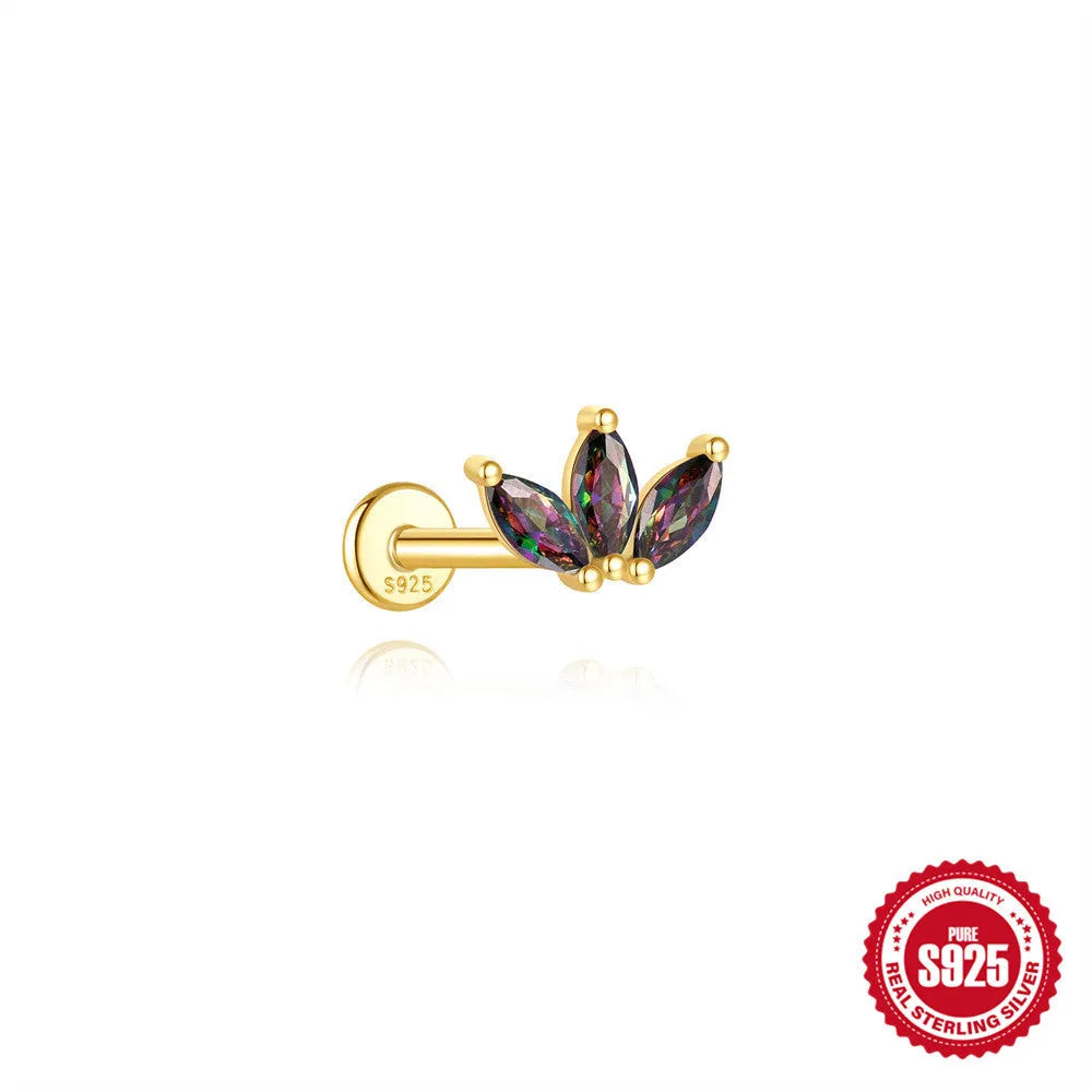 S925 sterling silver flat head thread piercing earring with rainbow stone on geometric setting.