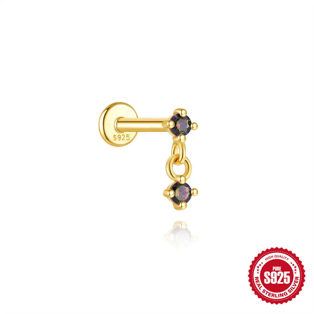 S925 sterling silver flat head thread piercing earring with rainbow stone on geometric setting.