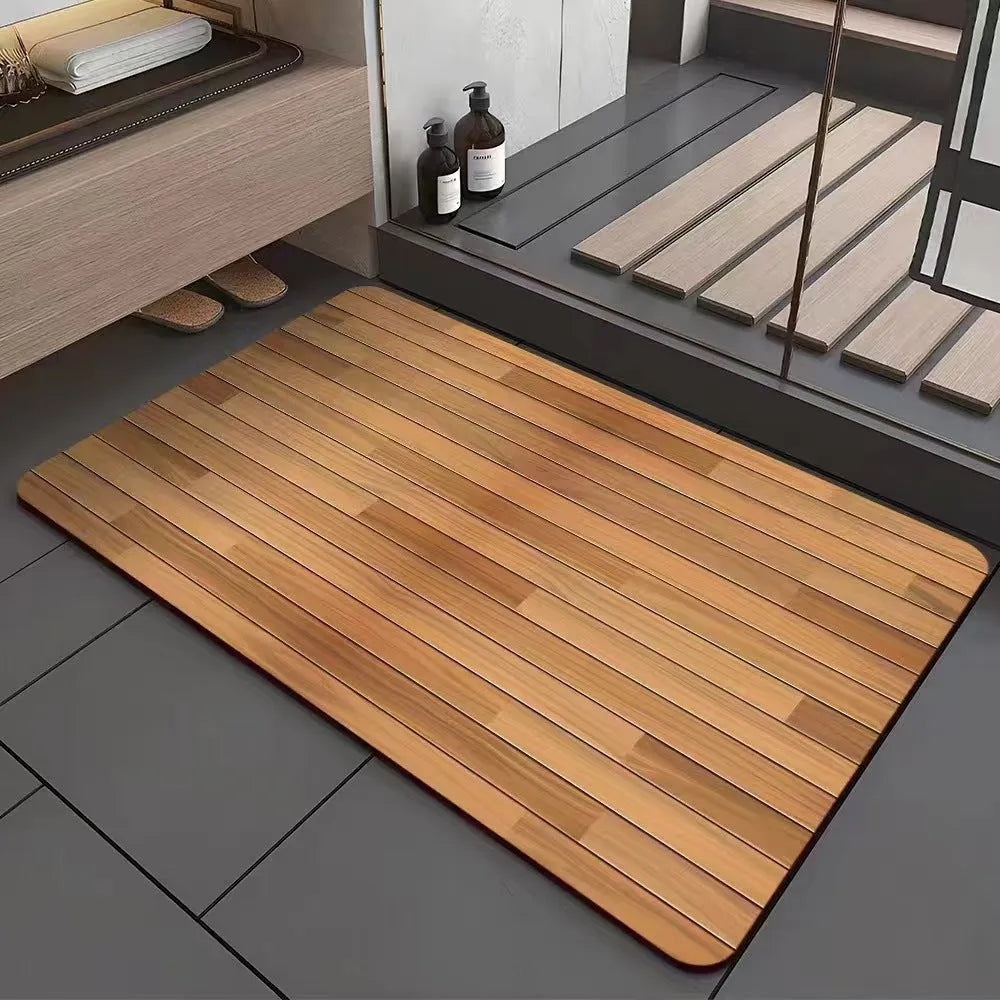 Square diatom ooze floor mat with geometric wood grain pattern in a bathroom setting.