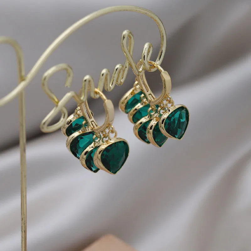 Green heart shaped Korean style ear clip earrings with alloy gemstone inlay