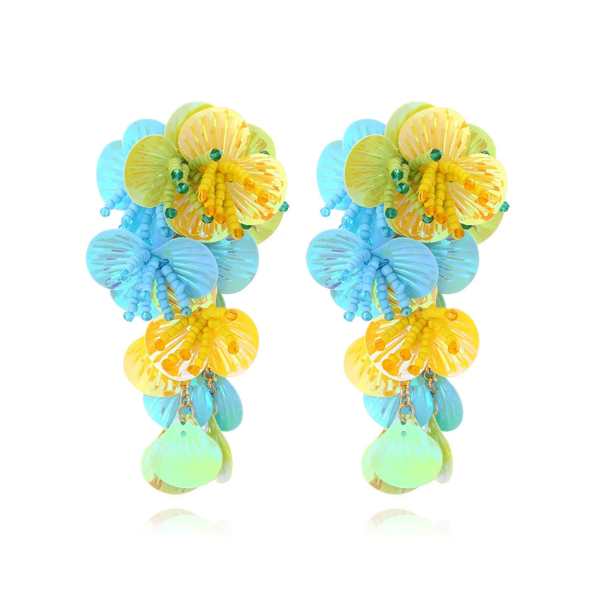 Handmade string bead flower earrings in colourful, purple, and rose colours with European American exaggerated style
