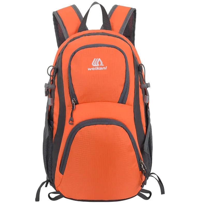 Black outdoor backpack with air pillow belt, shown with other colour options: blue, dark blue, lake blue, orange, and purple.