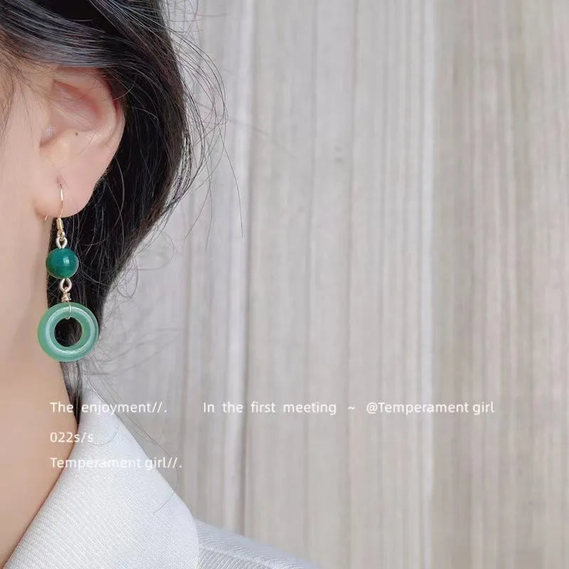 Green jade design peace buckle shape earrings for Han Chinese clothing with geometric shape and 14K gold plating
