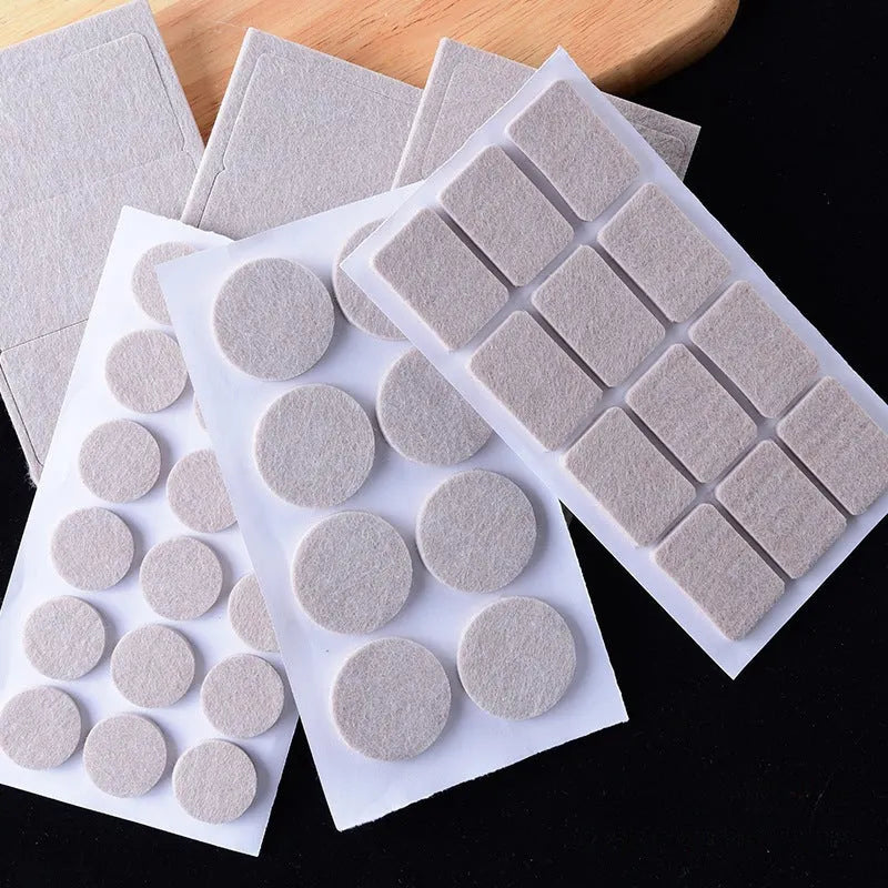 Beige plastic furniture protection pads in five sizes including round and square shapes for chair legs