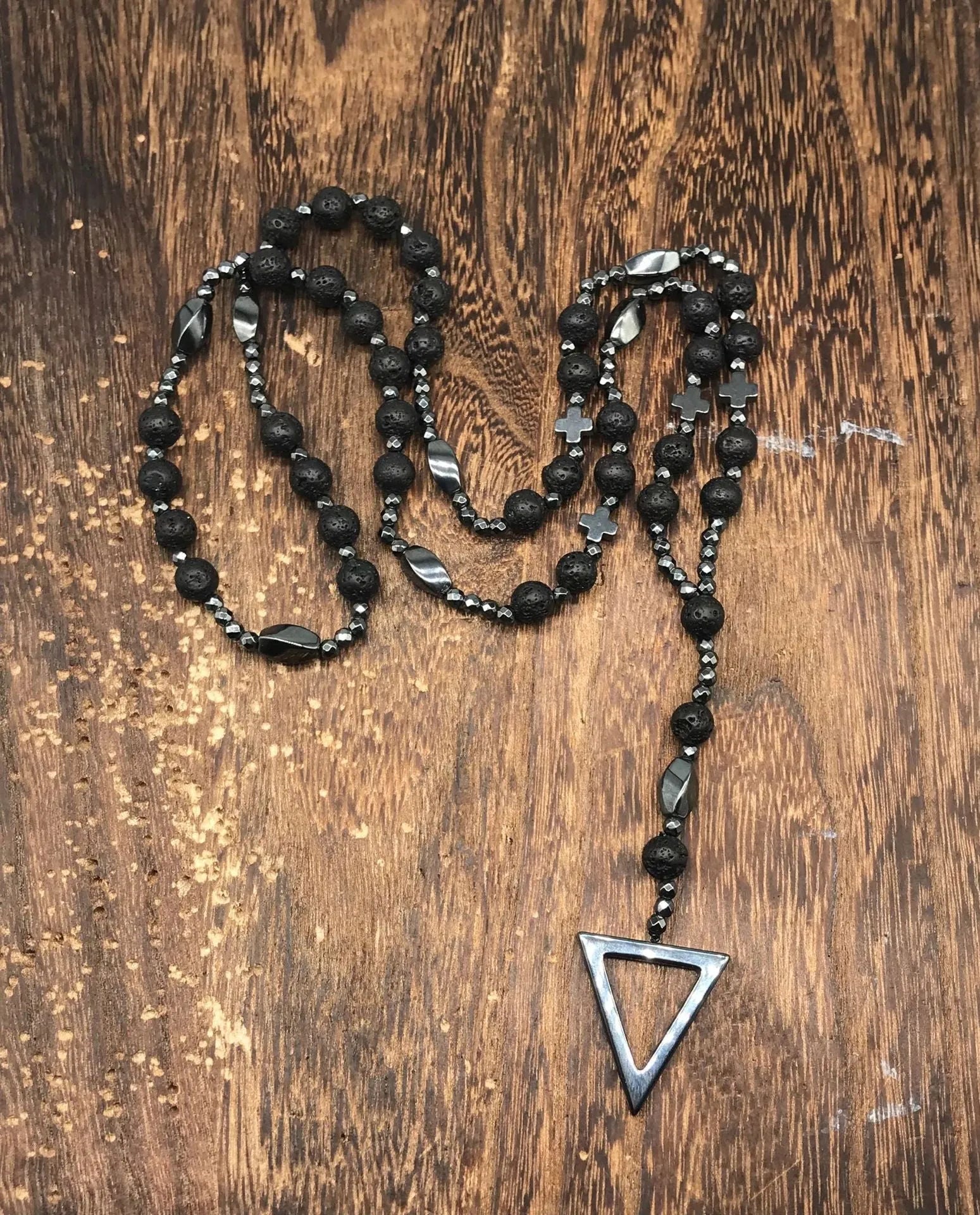 Men's stone geometric cross pendant on an 80cm ball bead chain with safety lock.