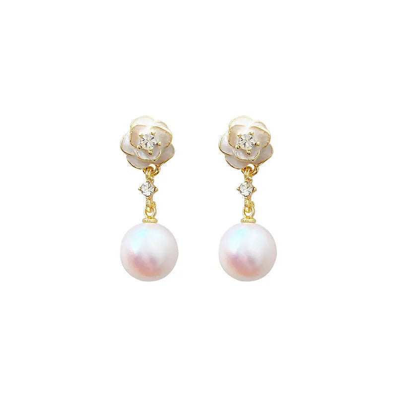 Women's camellia flower stud earrings with pearl accent on alloy base