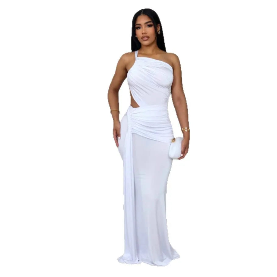 Women's one shoulder pleated dress in milk silk polyester fabric with European-American styling