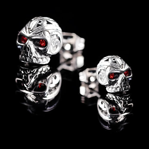 Red skull stud earrings with ghost head design and artificial gemstone eye inlay