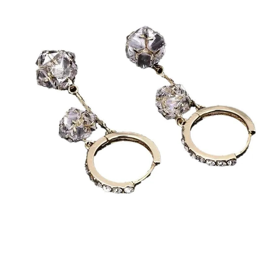 Silver women's earrings with tassel ball and rhinestone confession balloon pendant drop design