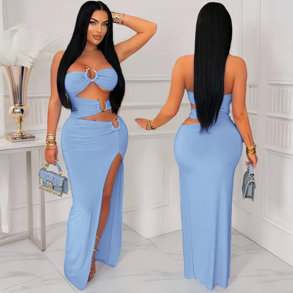 Women's solid colour high slit hip dress with hollow-out eyelet stitching, available in apricot