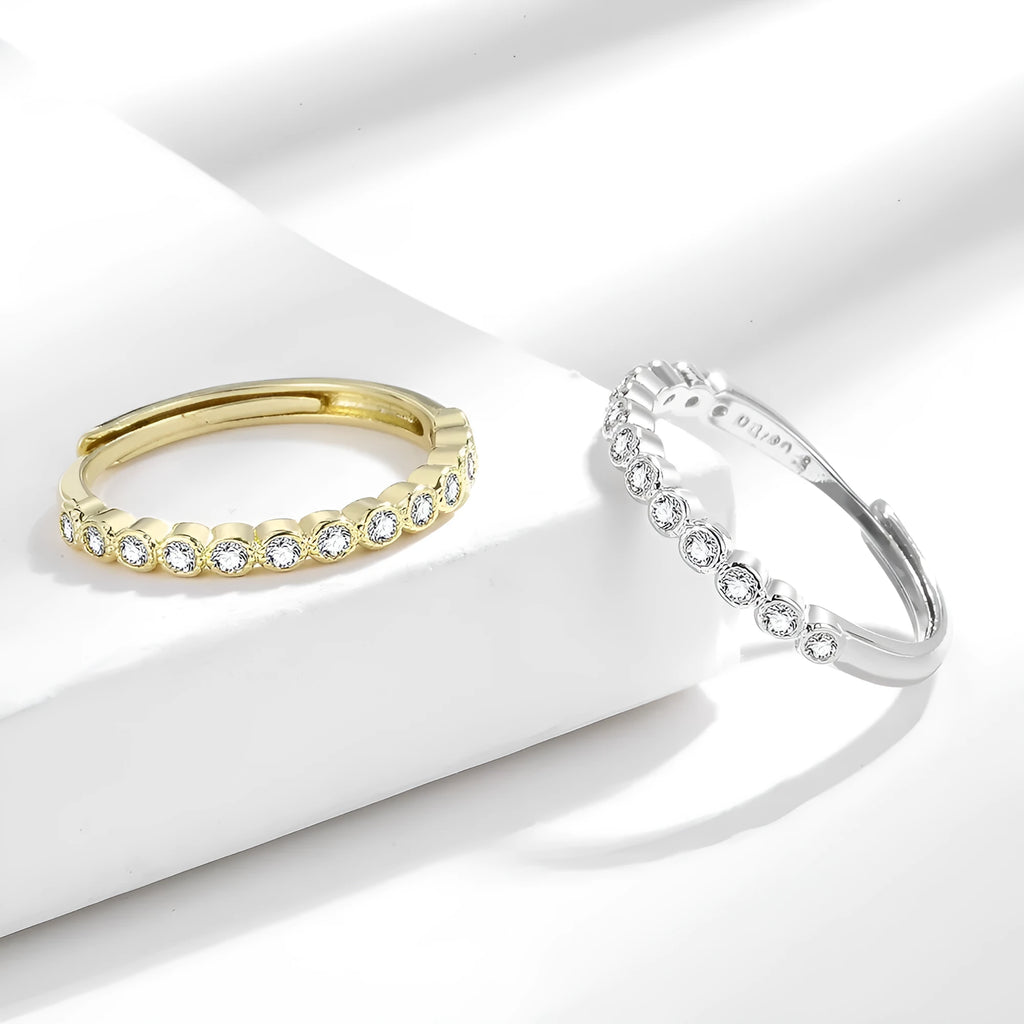 Simple geometric Korean style adjustable open mouth ring with diamond tail detail in white gold or yellow gold colour