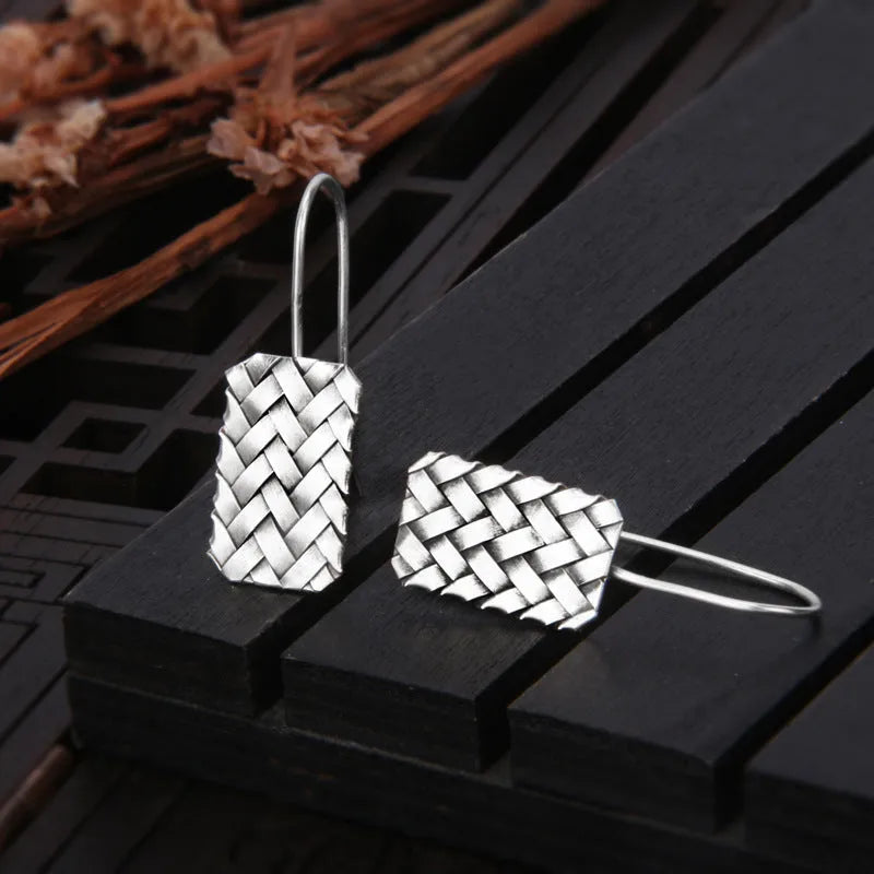 925 silver geometric woven diamond plaid earrings measuring 17.5mm by 11mm