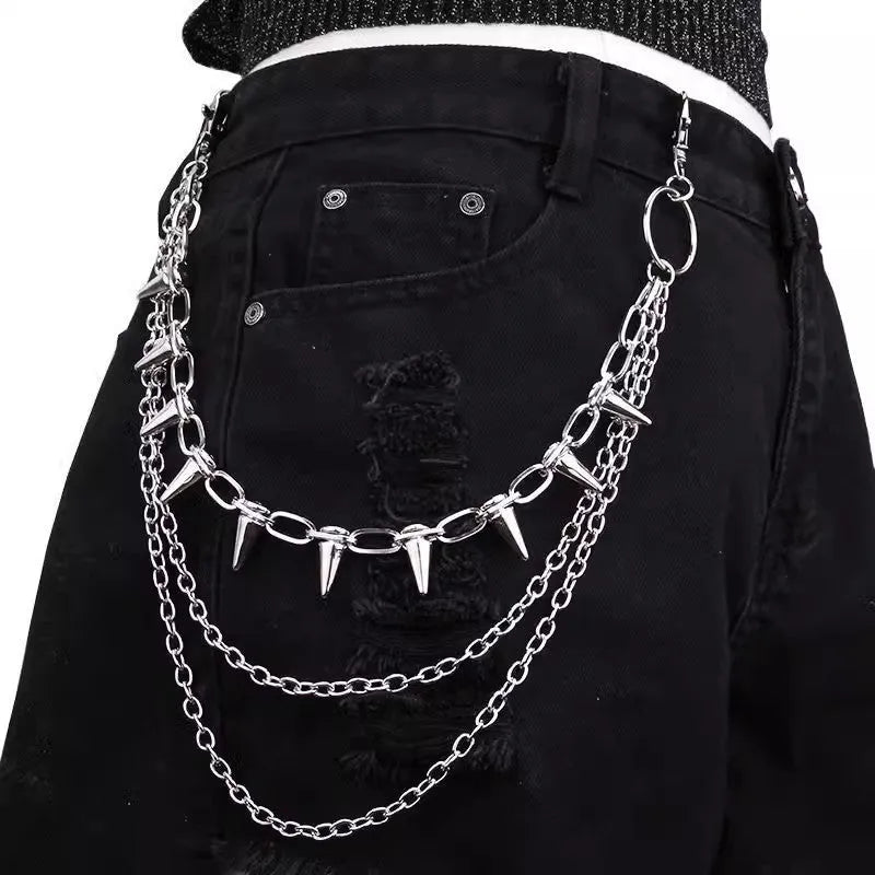 Silver metal double-layer pants chain with rivet detailing measuring 115cm length
