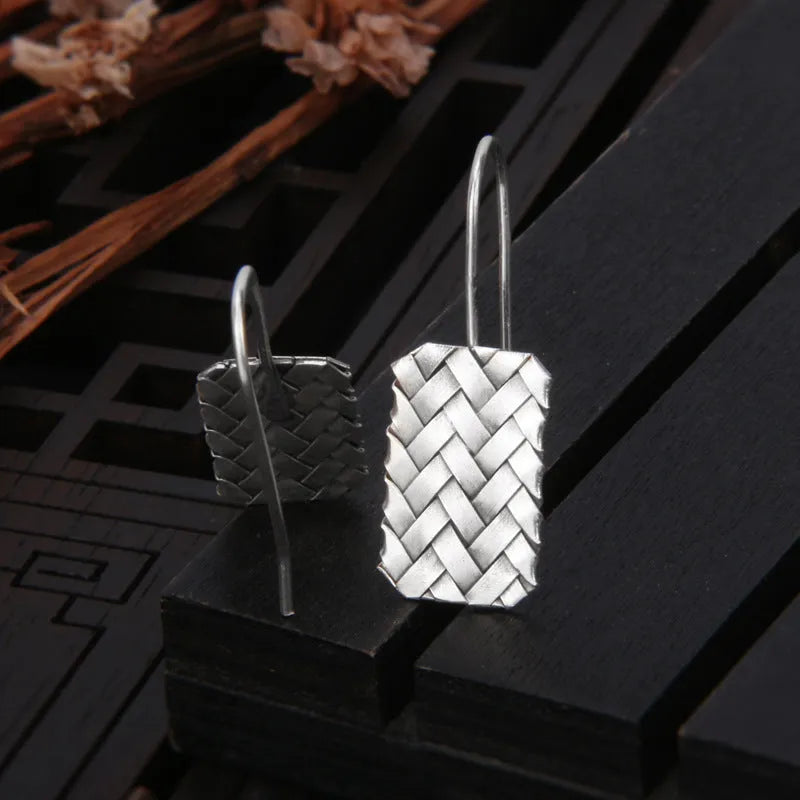 925 silver geometric woven diamond plaid earrings measuring 17.5mm by 11mm