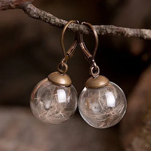 Transparent 16mm glass ball earrings with crystal dandelion seed design on silver French hooks