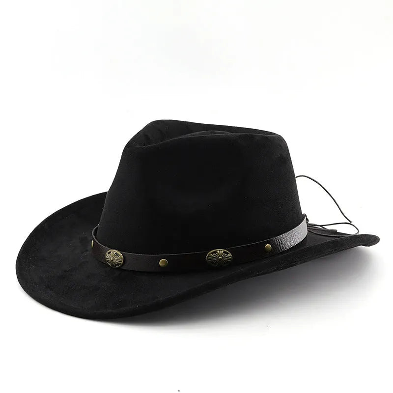 Brown leather velvet western cowboy hat with a curved brim and conical crown on a neutral background.