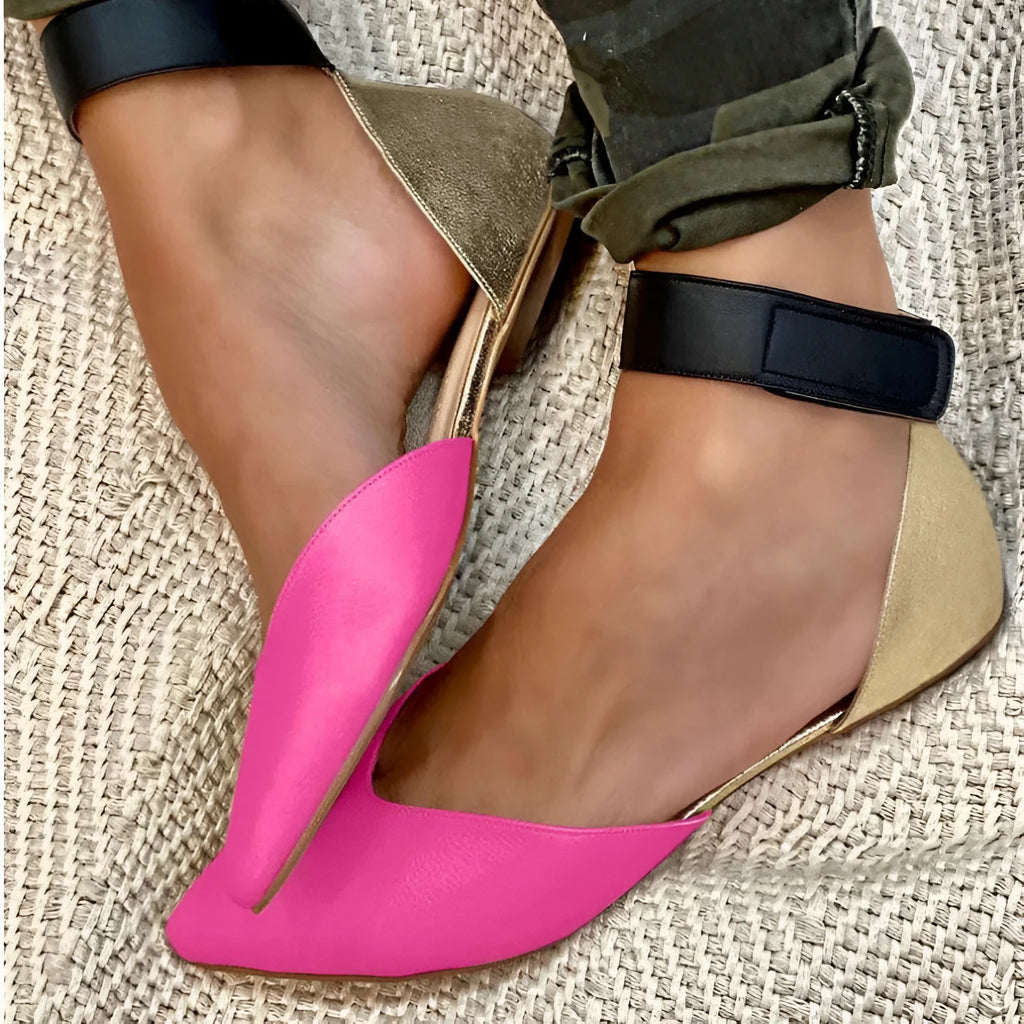 Women's flat heel sandals with hollowed design and Velcro strap in beige PU.