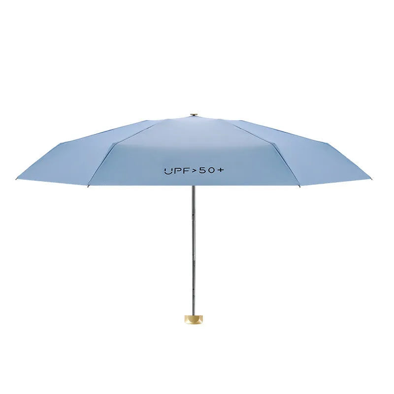 Closed five-fold mini pocket sun umbrella with a rubber handle, showing its compact size.