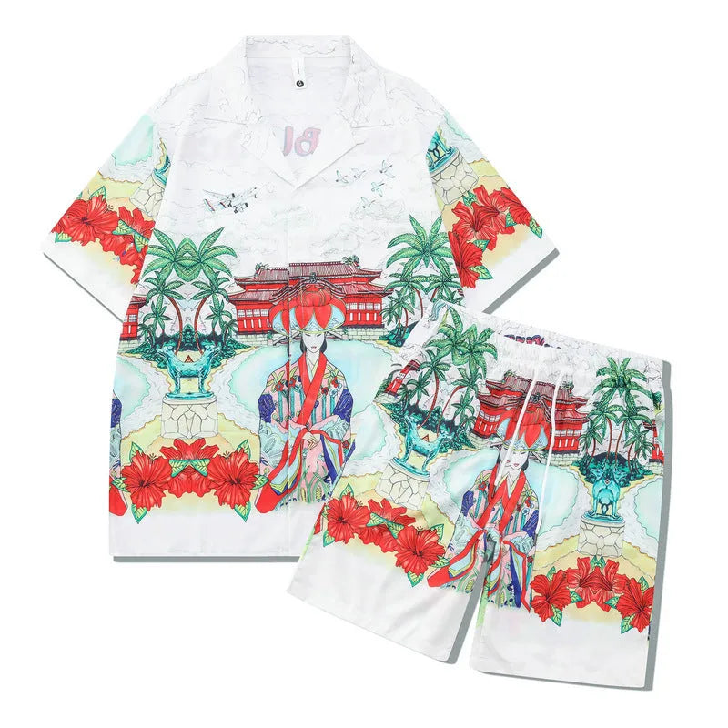 Printed plaid beach shirt and matching trousers set for casual wear.