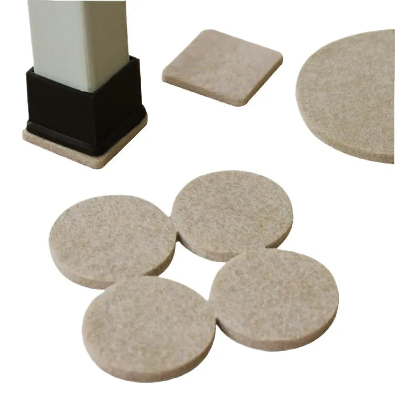 Beige plastic furniture protection pads in five sizes including round and square shapes for chair legs