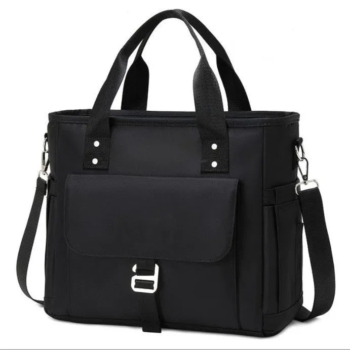 Black waterproof hiking picnic bag with removable shoulder strap and side pocket