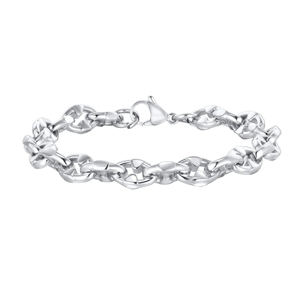 A thick, geometric chain link bracelet made of stainless steel, shown in a steel colour.