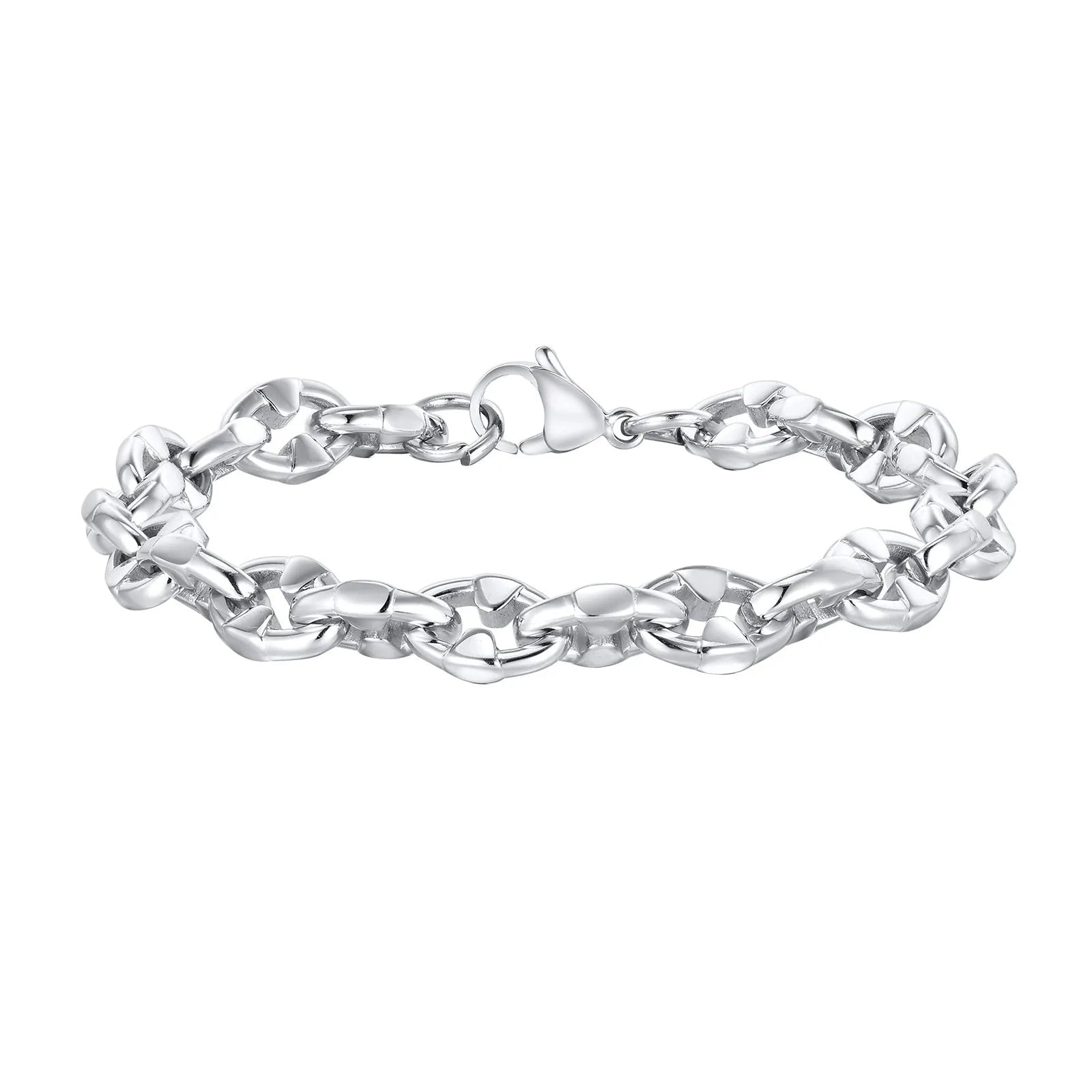 A thick, geometric chain link bracelet made of stainless steel, shown in a steel colour.