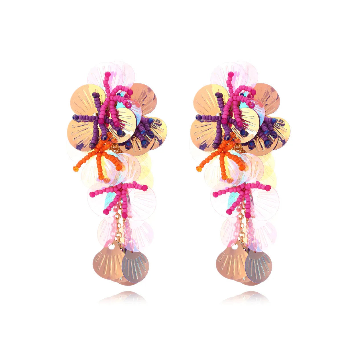 Handmade string bead flower earrings in colourful, purple, and rose colours with European American exaggerated style