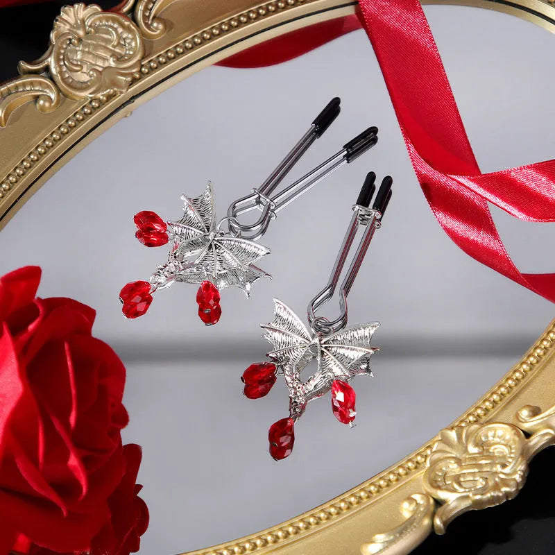 Silver bat-shaped adjustable nipple clamp and clitoral clip with alloy construction