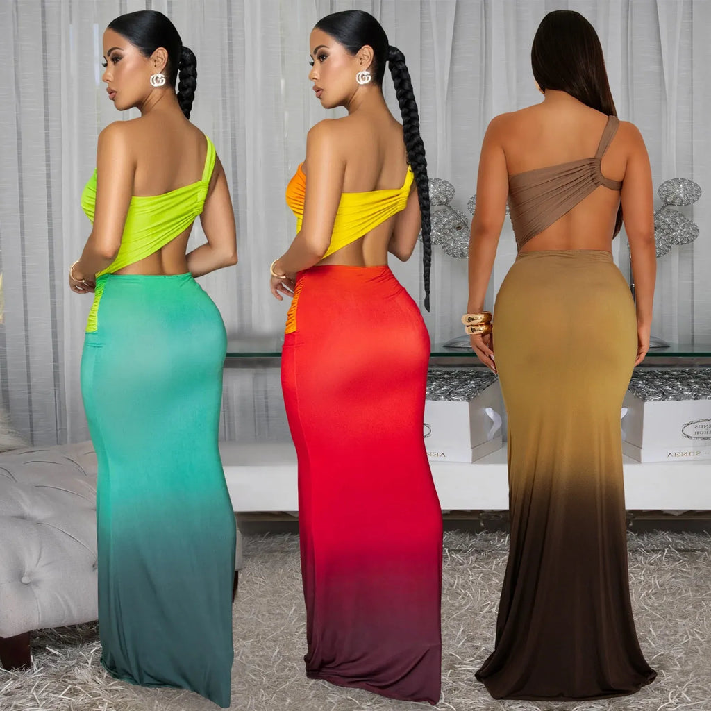 Women's gradient colour cross-shoulder sleeveless dress with a high waist and long one-step skirt.