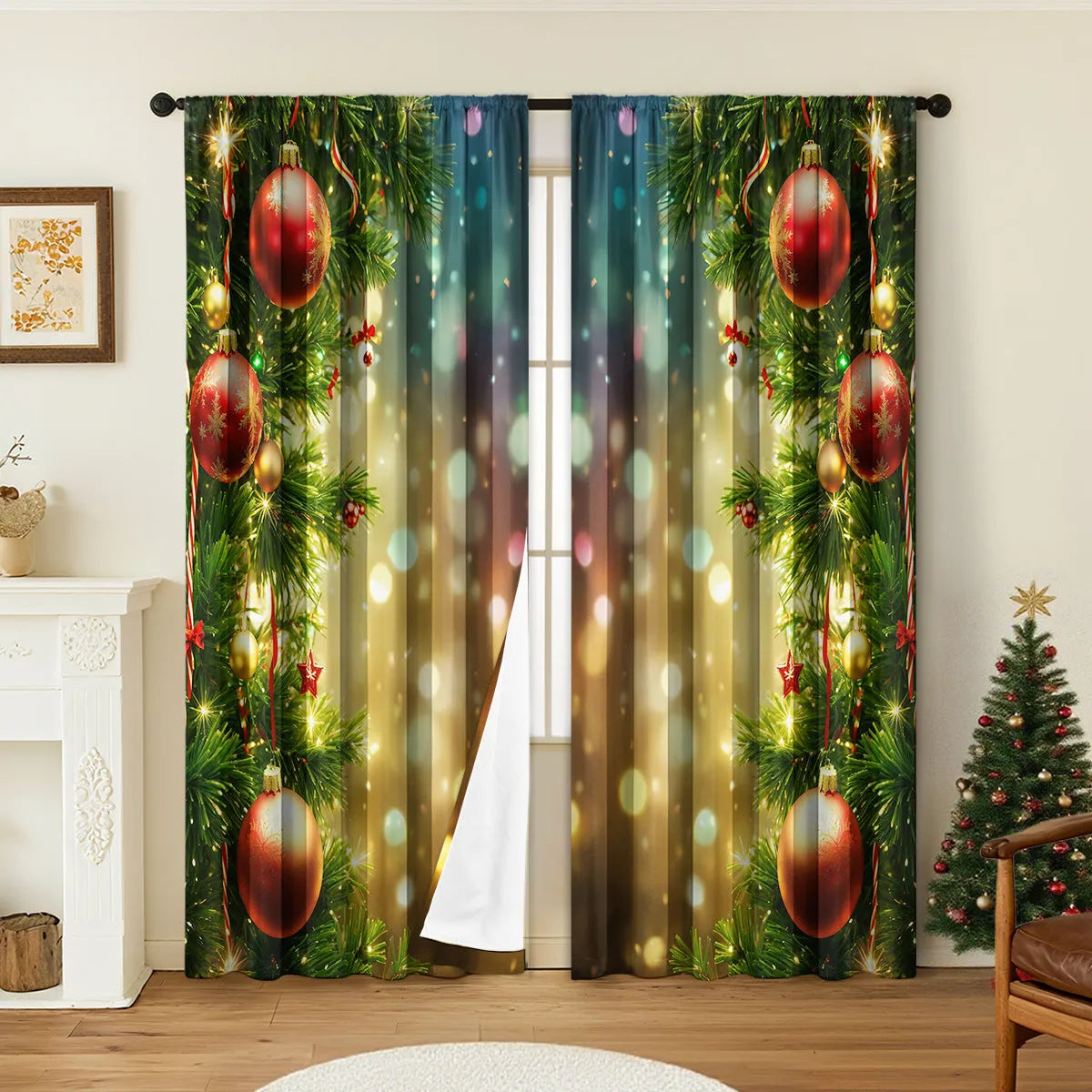 Pair of red and green 3D digitally printed Christmas themed polyester curtains hanging on a window.