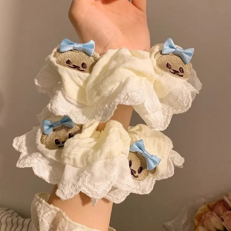 Bear blue bow lace large intestine hair ring elastic cloth scrunchie hair accessory