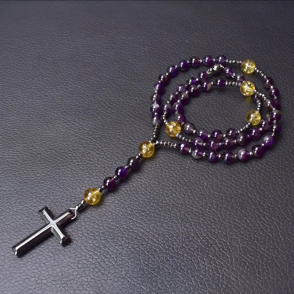 Men's stone geometric cross pendant on an 80cm ball bead chain with safety lock.