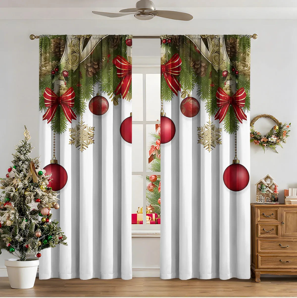3D digitally printed Christmas curtain panel hanging on a window, showing festive pattern and polyester fabric texture.