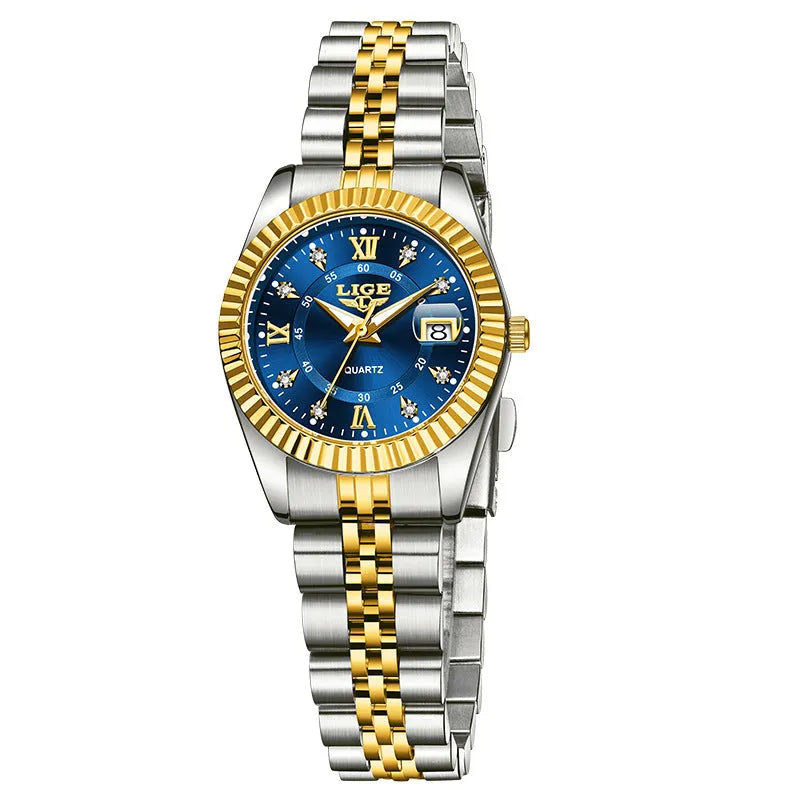 Women's waterproof quartz fashion watch with 10mm thickness in gold, silver, and metallic colour variations